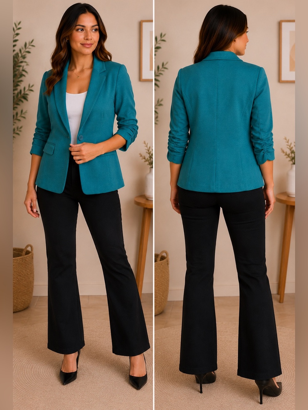 🌙✨ Stooshy Teal Ruched-Sleeve One-Button Blazer